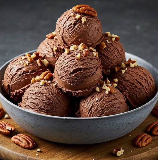 Creme helada de chocolate servida en un bol, con una textura suave y cremosa, adornada con trozos de chocolate negro y un toque de cacao.