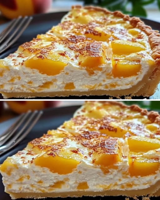 Tarta cremosa de melocotón con una base crujiente, relleno suave de ricota y trozos de melocotón en la parte superior, servida en un plato elegante.