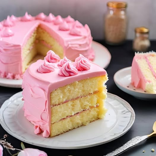 Pastel redondo de vainilla decorado con crema de mantequilla en tonos rosados y blancos, con detalles de hojas verdes, perfecto para celebraciones elegantes.