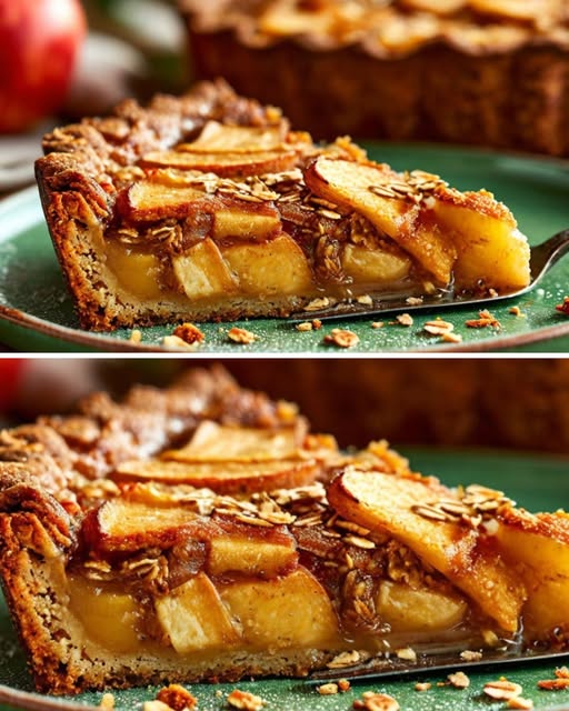 Pastel saludable de manzana y avena, dorado y jugoso, servido en una bandeja con trozos de manzana alrededor y un toque de canela espolvoreada por encima.