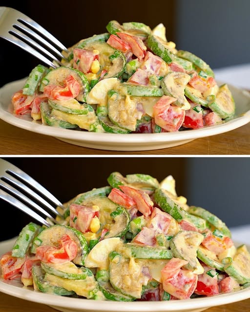 Dos ensaladas frescas y coloridas servidas en platos hondos: una con huevo, calabacín y tomates, y otra con pepino, zanahoria, aguacate y anacardos, ideales para la cena y para perder peso.
