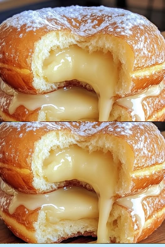 Donuts rellenos esponjosos, con un toque de azúcar en polvo, ideales para cualquier momento del día.