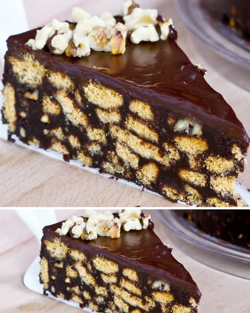 Pastel cremoso de galletas de chocolate con ganache brillante y frutos secos, sin necesidad de horno.