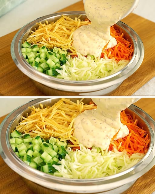 Ensalada ligera con col, zanahorias, pepino, manzana y un aderezo de yogur, mostaza, miel y limón, servida en un bol grande, perfecta para una cena saludable.